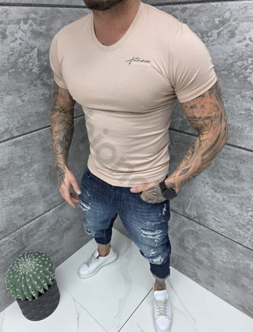 Ανδρική V μπλούζα κοντομάνικη Slim fit-μπεζ-κωδ 262012-1