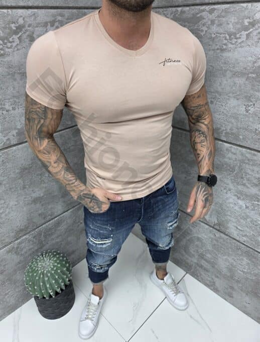 Ανδρική V μπλούζα κοντομάνικη Slim fit-μπεζ-κωδ 262012-1