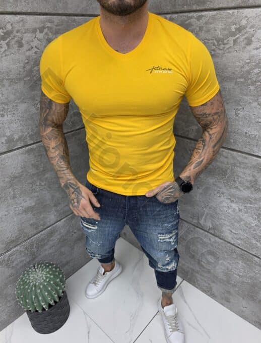 Ανδρική V μπλούζα κοντομάνικη Slim fit-μουσταρδί-κωδ 262012-2