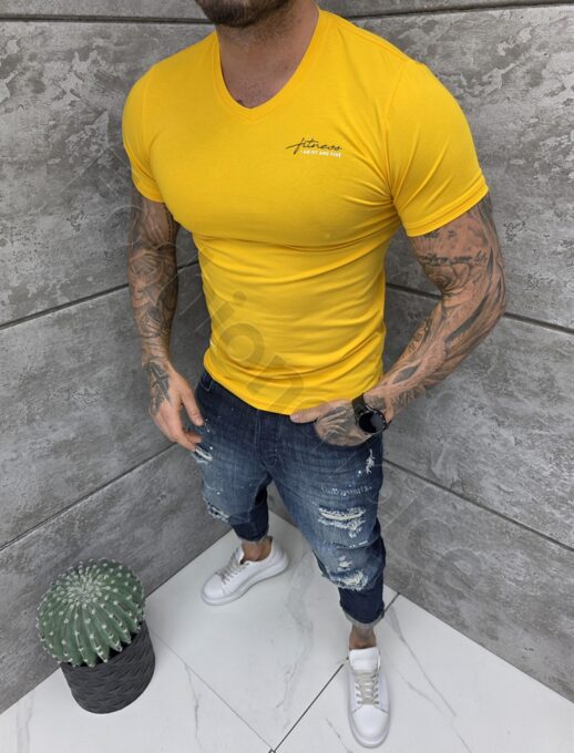 Ανδρική V μπλούζα κοντομάνικη Slim fit-μουσταρδί-κωδ 262012-2