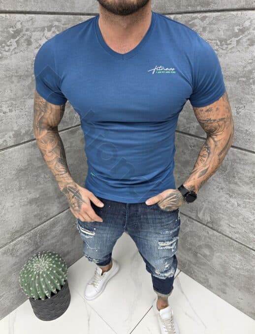 Ανδρική V μπλούζα κοντομάνικη Slim fit-μπλε ραφ-κωδ 262012-4