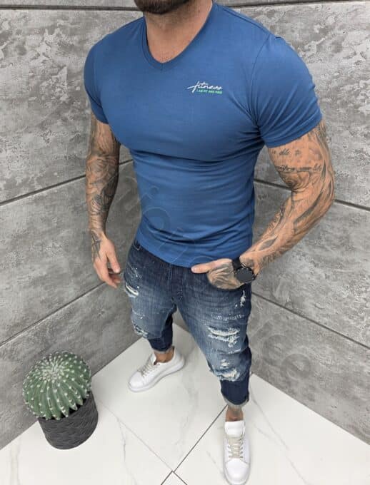 Ανδρική V μπλούζα κοντομάνικη Slim fit-μπλε ραφ-κωδ 262012-4