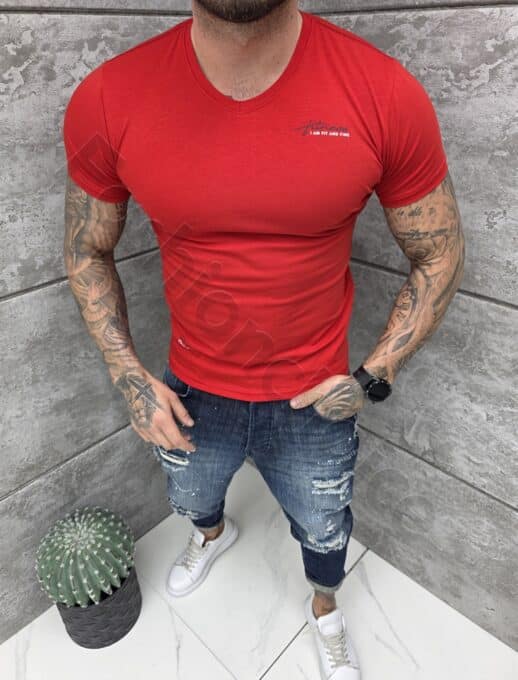 Ανδρική V μπλούζα κοντομάνικη Slim fit-κόκκινο-κωδ 262012-6