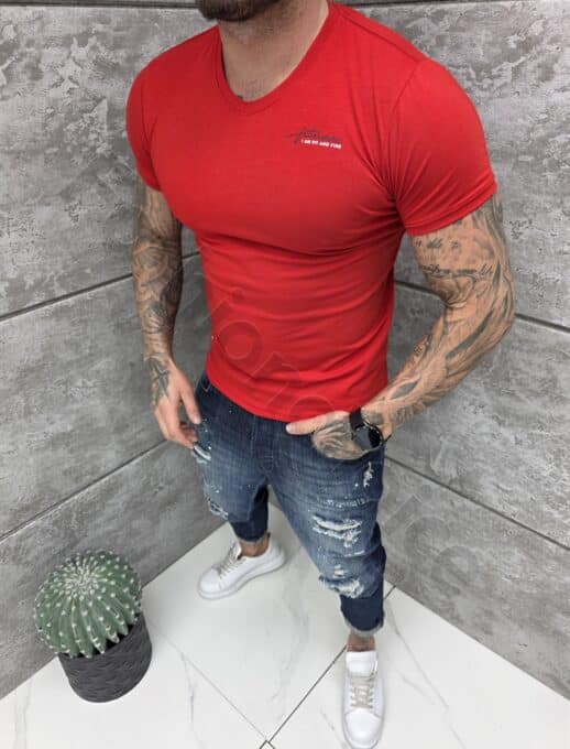 Ανδρική V μπλούζα κοντομάνικη Slim fit-κόκκινο-κωδ 262012-6