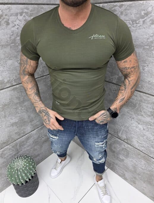 Ανδρική V μπλούζα κοντομάνικη Slim fit-χακί-κωδ 262012-7