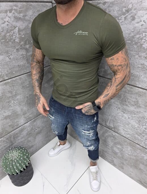 Ανδρική V μπλούζα κοντομάνικη Slim fit-χακί-κωδ 262012-7