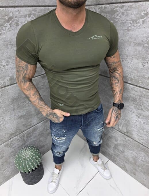 Ανδρική V μπλούζα κοντομάνικη Slim fit-χακί-κωδ 262012-7