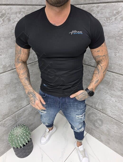 Ανδρική V μπλούζα κοντομάνικη Slim fit-μαύρο-κωδ 262012