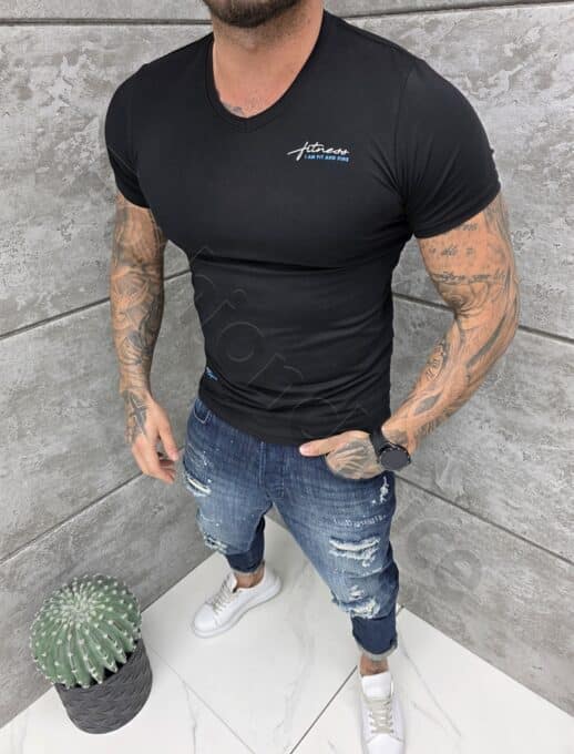 Ανδρική V μπλούζα κοντομάνικη Slim fit-μαύρο-κωδ 262012