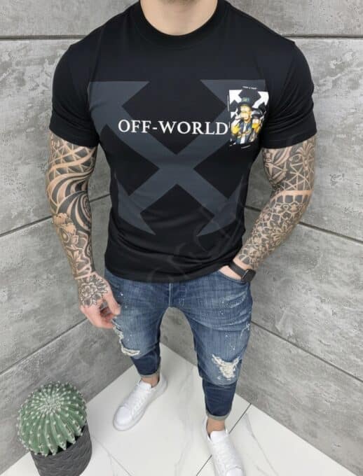 Ανδρική μπλούζα με τύπωμα OFF-WORLD-μαύρο-κωδ 318