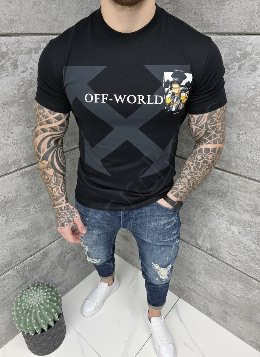 Ανδρική μπλούζα με τύπωμα OFF-WORLD-μαύρο-κωδ 318