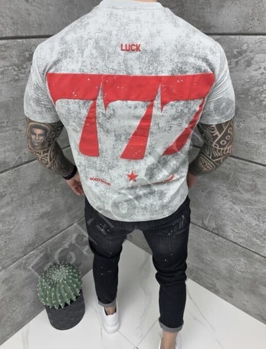 T-shirt LUCK με τύπωμα στην πλάτη-γκρι-κωδ 25171-3