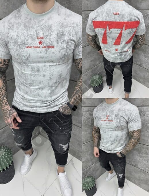 T-shirt LUCK με τύπωμα στην πλάτη-γκρι-κωδ 25171-3