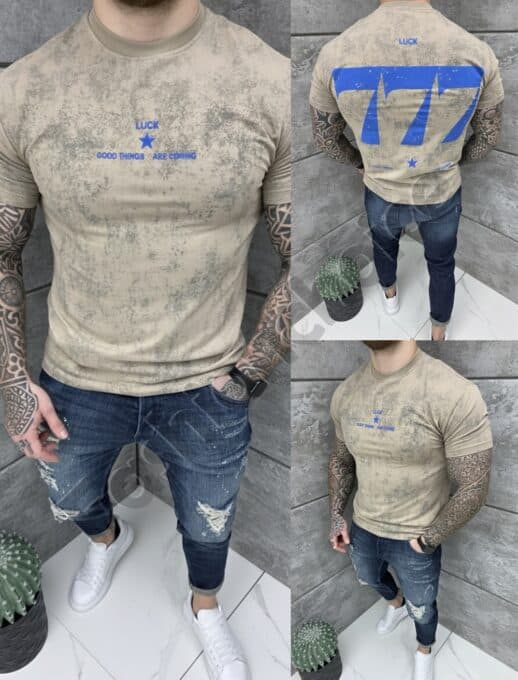 T-shirt LUCK με τύπωμα στην πλάτη-μπεζ-κωδ 25171-1
