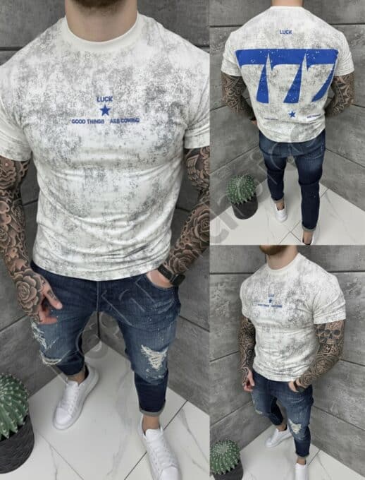 T-shirt LUCK με τύπωμα στην πλάτη-λευκό-κωδ 25171-2