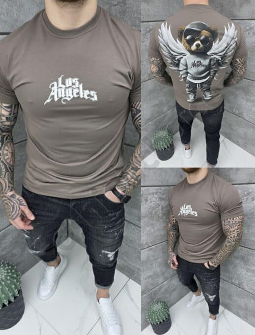 T-shirt Los Angeles με τύπωμα στην πλάτη-μόκα-κωδ 26161-3