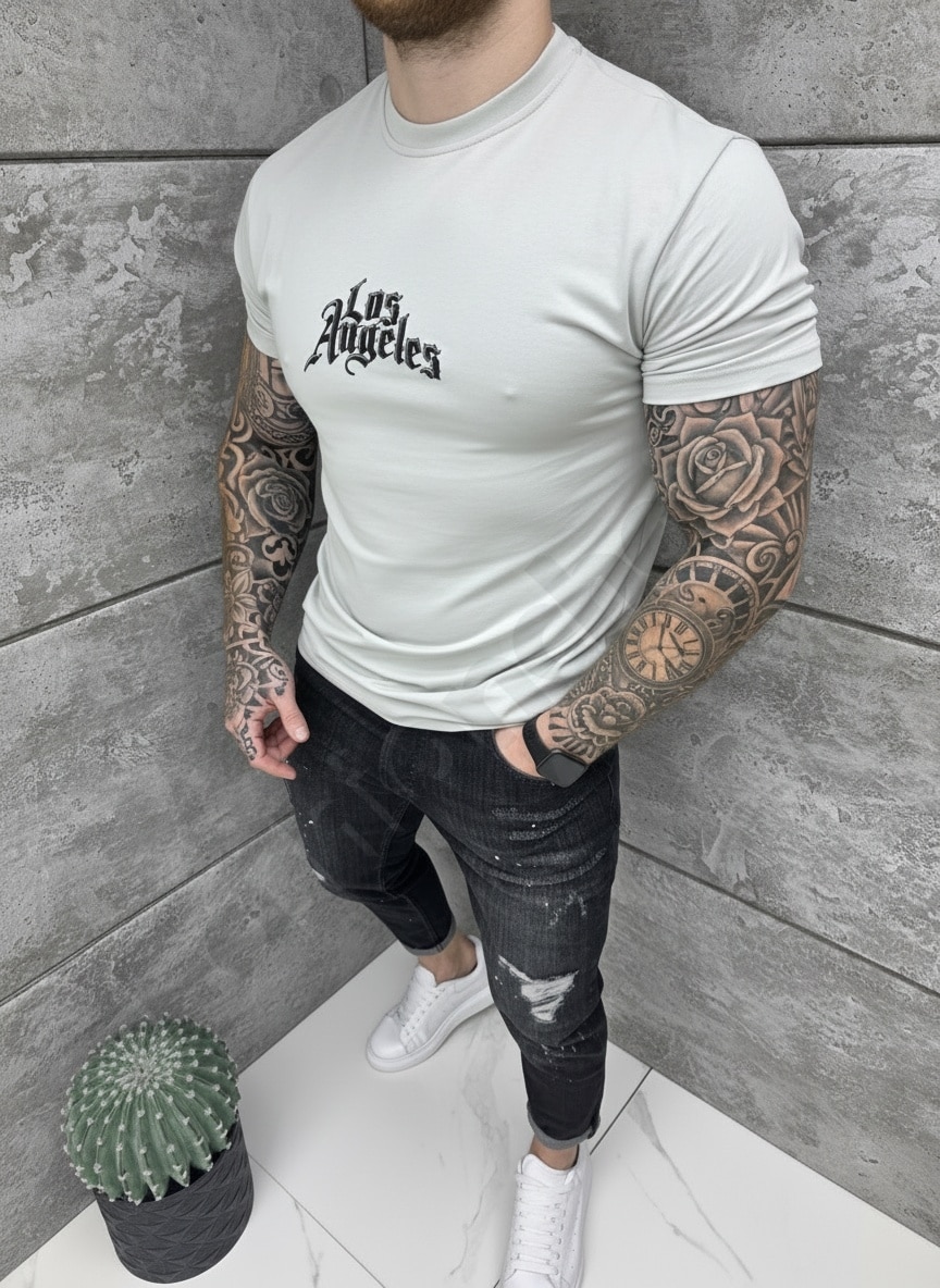 T-shirt Los Angeles με τύπωμα στην πλάτη-γκρι-κωδ 26161-2