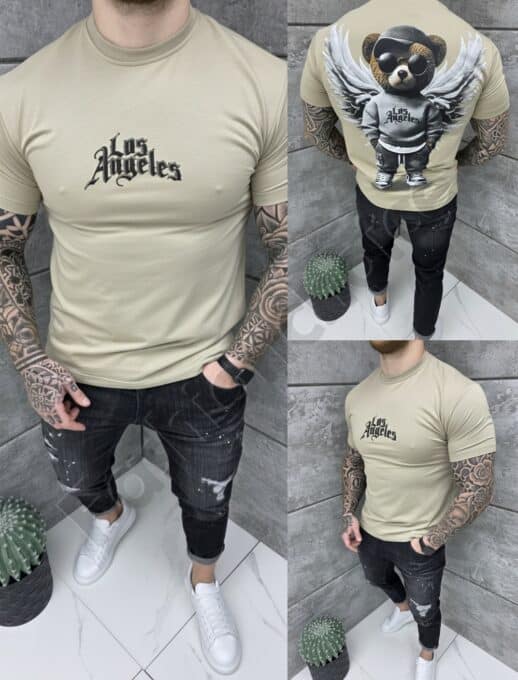 T-shirt Los Angeles με τύπωμα στην πλάτη-μπεζ-κωδ 26161-4