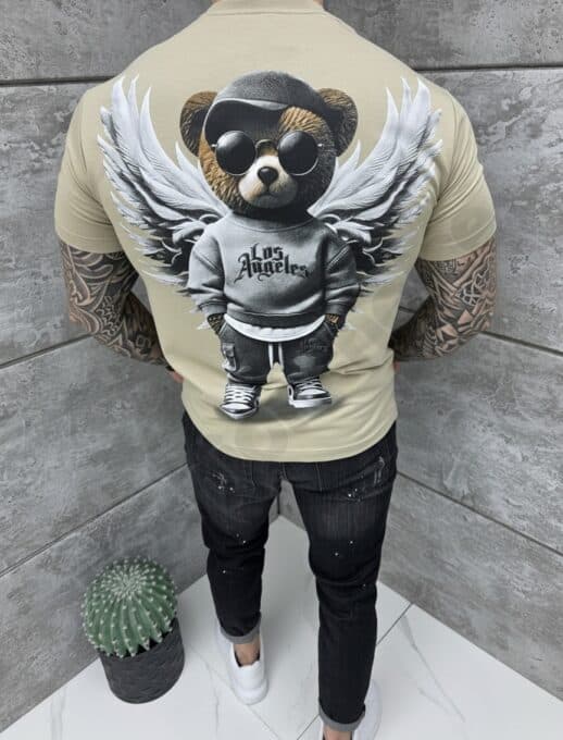 T-shirt Los Angeles με τύπωμα στην πλάτη-μπεζ-κωδ 26161-4