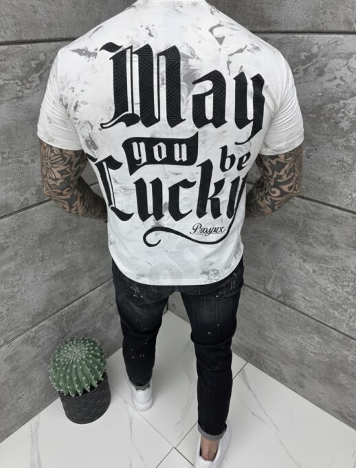T-shirt με επιγραφή στην πλάτη-λευκό-κωδ 26181-2