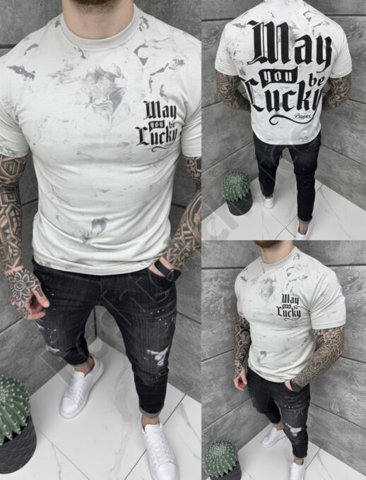 T-shirt με επιγραφή στην πλάτη-γκρι-κωδ 26181-1
