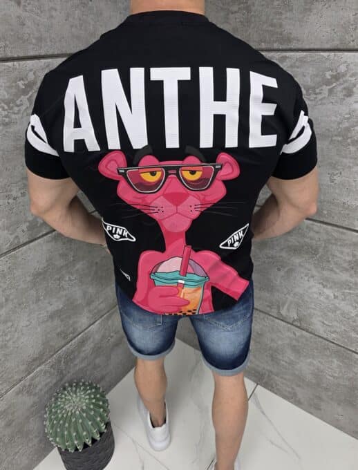 Ανδρική μπλούζα με τύπωμα Pink Panther-μαύρο-κωδ 2357