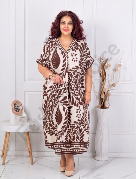 Plus size V φόρεμα φλοράλ-καφέ-κωδ 8757