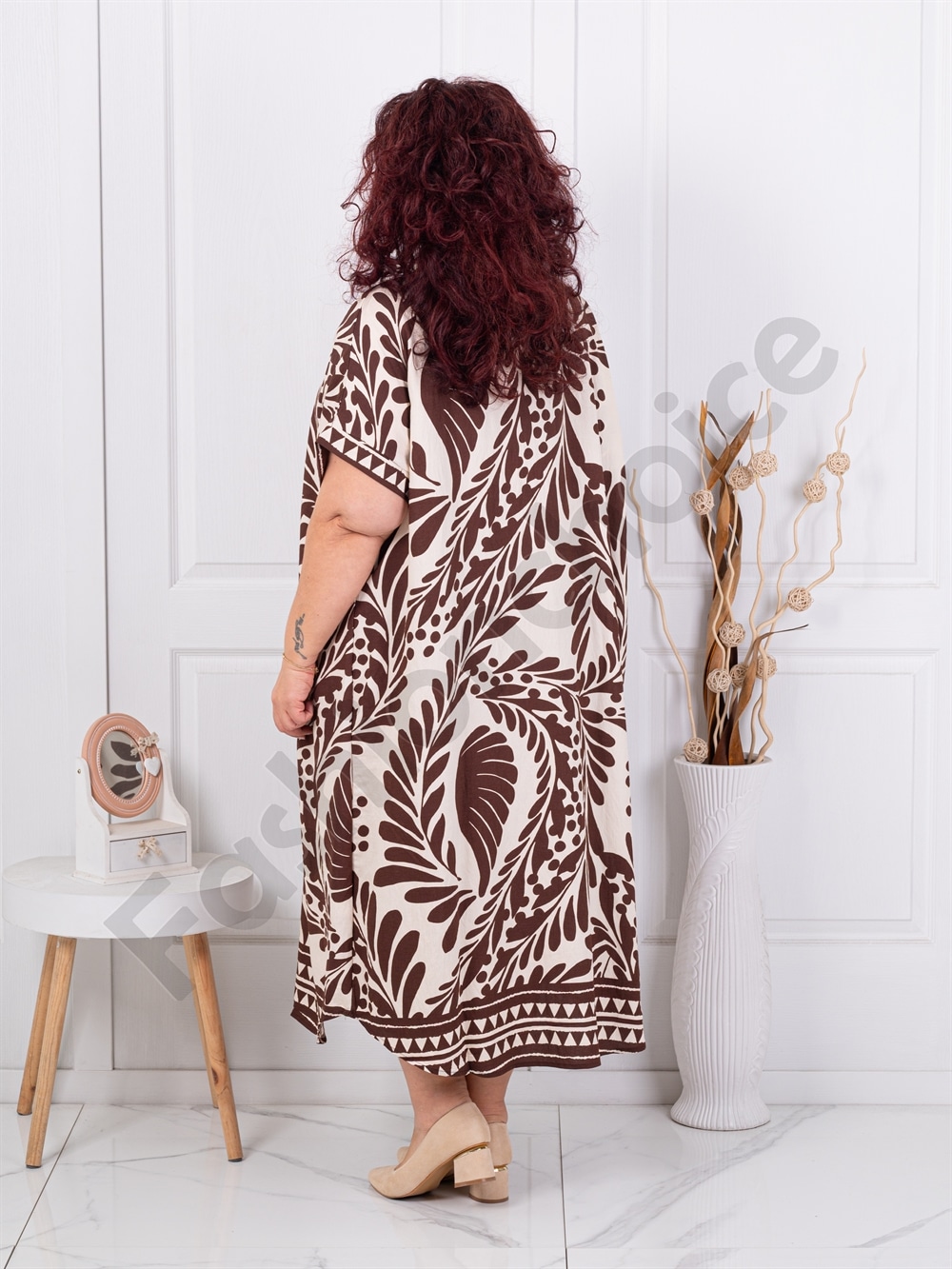 Plus size V φόρεμα φλοράλ-καφέ-κωδ 8757
