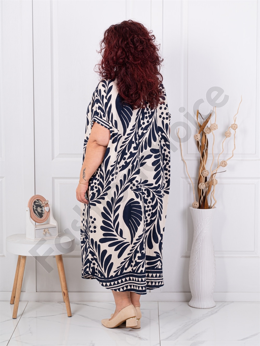 Plus size V φόρεμα φλοράλ-μπλε-κωδ 8757-2