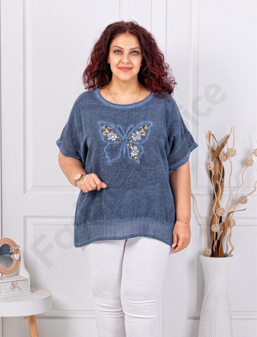 Plus size βαμβακερή/λινή μπλούζα με απλικέ πεταλούδα-μπλε-κωδ 1025-6