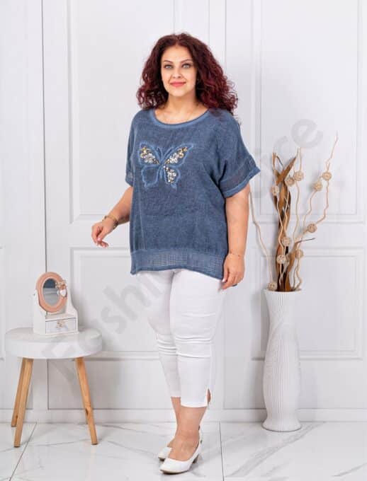 Plus size βαμβακερή/λινή μπλούζα με απλικέ πεταλούδα-μπλε-κωδ 1025-6