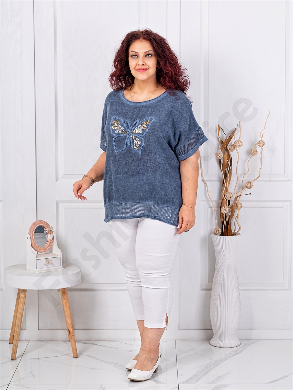 Plus size βαμβακερή/λινή μπλούζα με απλικέ πεταλούδα-μπλε-κωδ 1025-6