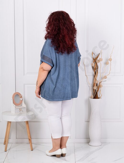 Plus size βαμβακερή/λινή μπλούζα με απλικέ πεταλούδα-μπλε-κωδ 1025-6