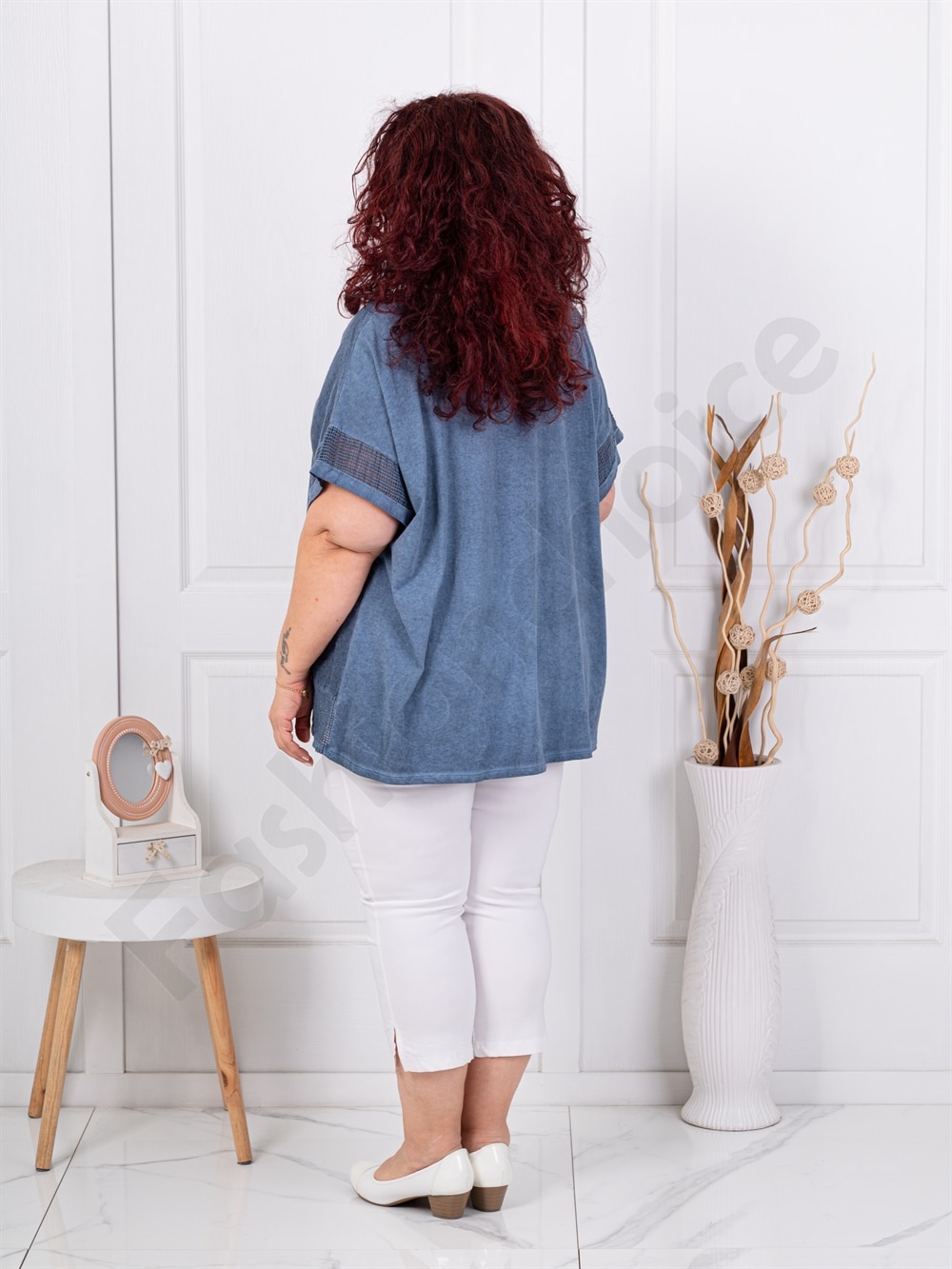 Plus size βαμβακερή/λινή μπλούζα με απλικέ πεταλούδα-μπλε-κωδ 1025-6