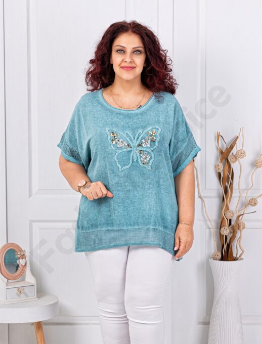 Plus size βαμβακερή/λινή μπλούζα με απλικέ πεταλούδα-μέντα-κωδ 1025-1