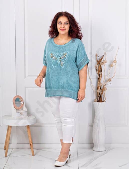 Plus size βαμβακερή/λινή μπλούζα με απλικέ πεταλούδα-μέντα-κωδ 1025-1