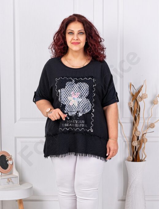 Plus size μπλούζα με απλικέ-μαύρο-κωδ 3995