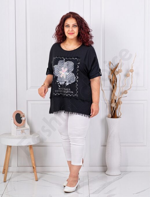 Plus size μπλούζα με απλικέ-μαύρο-κωδ 3995