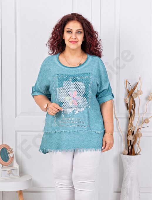 Plus size μπλούζα με απλικέ-πετρόλ-κωδ 3995-1