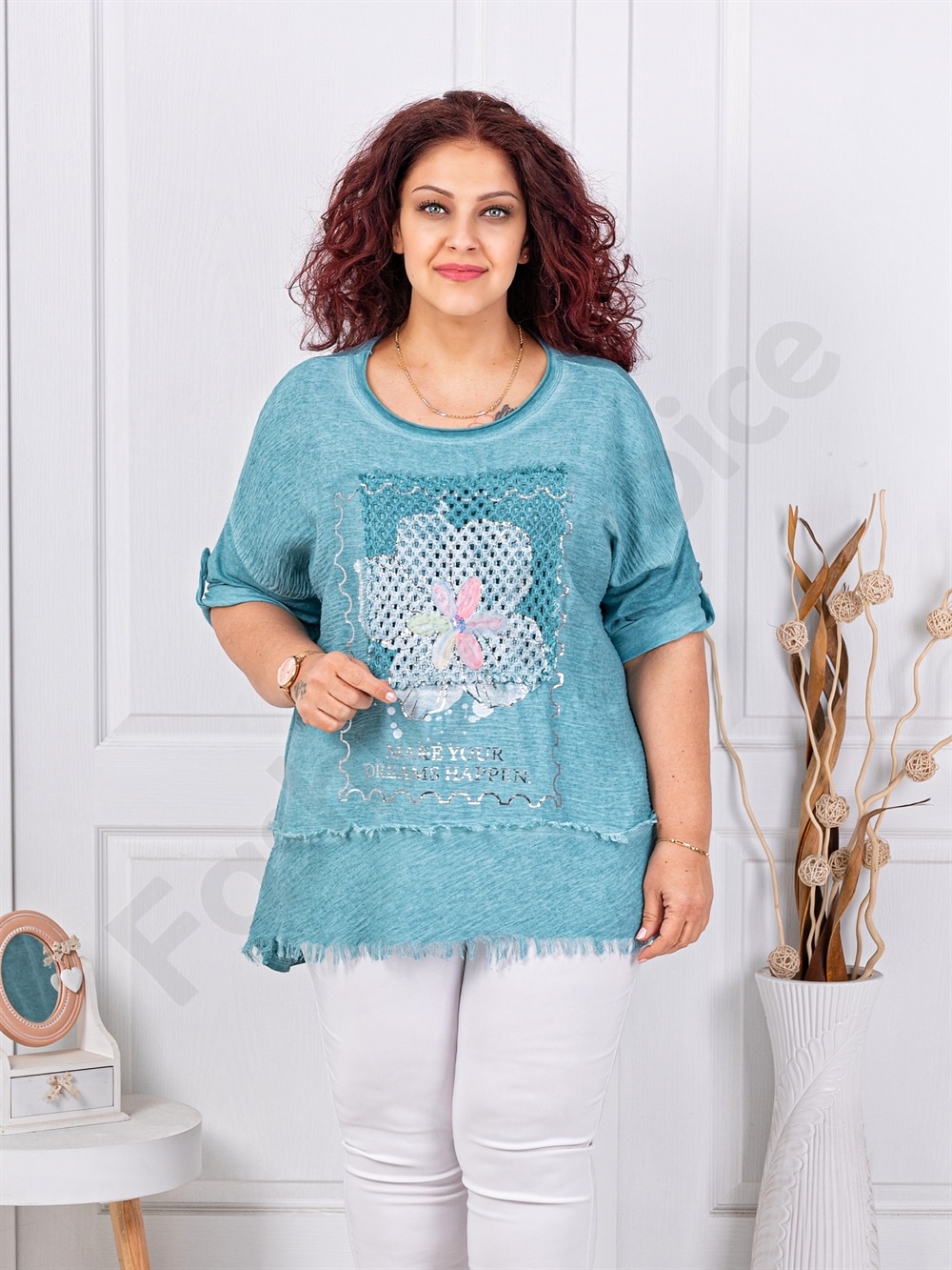Plus size μπλούζα με απλικέ-πετρόλ-κωδ 3995-1