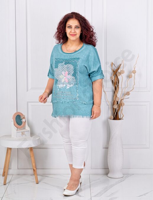 Plus size μπλούζα με απλικέ-πετρόλ-κωδ 3995-1