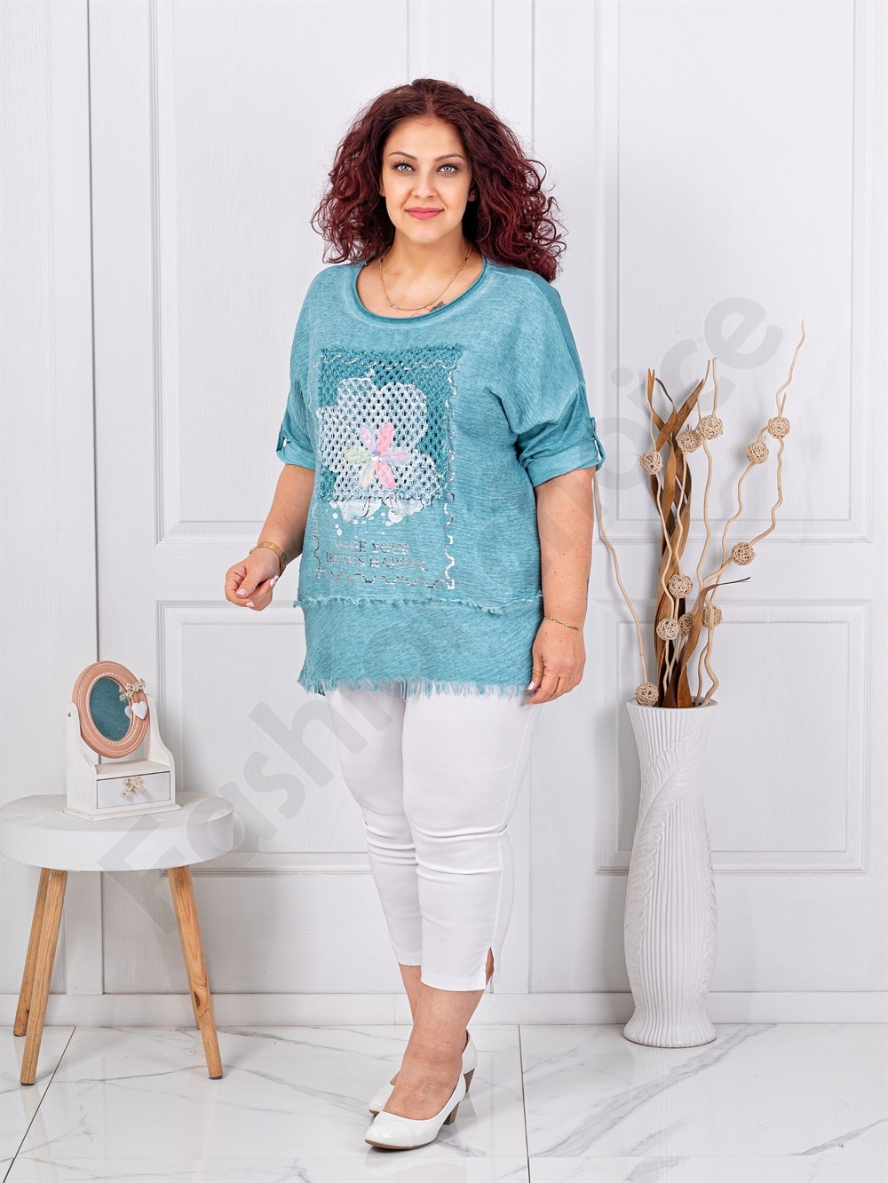 Plus size μπλούζα με απλικέ-πετρόλ-κωδ 3995-1
