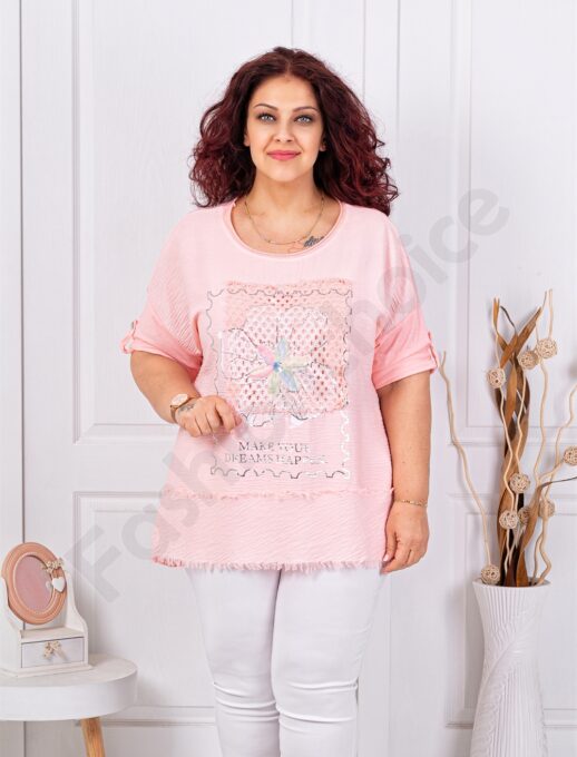 Plus size μπλούζα με απλικέ-ροζ-κωδ 3995-6