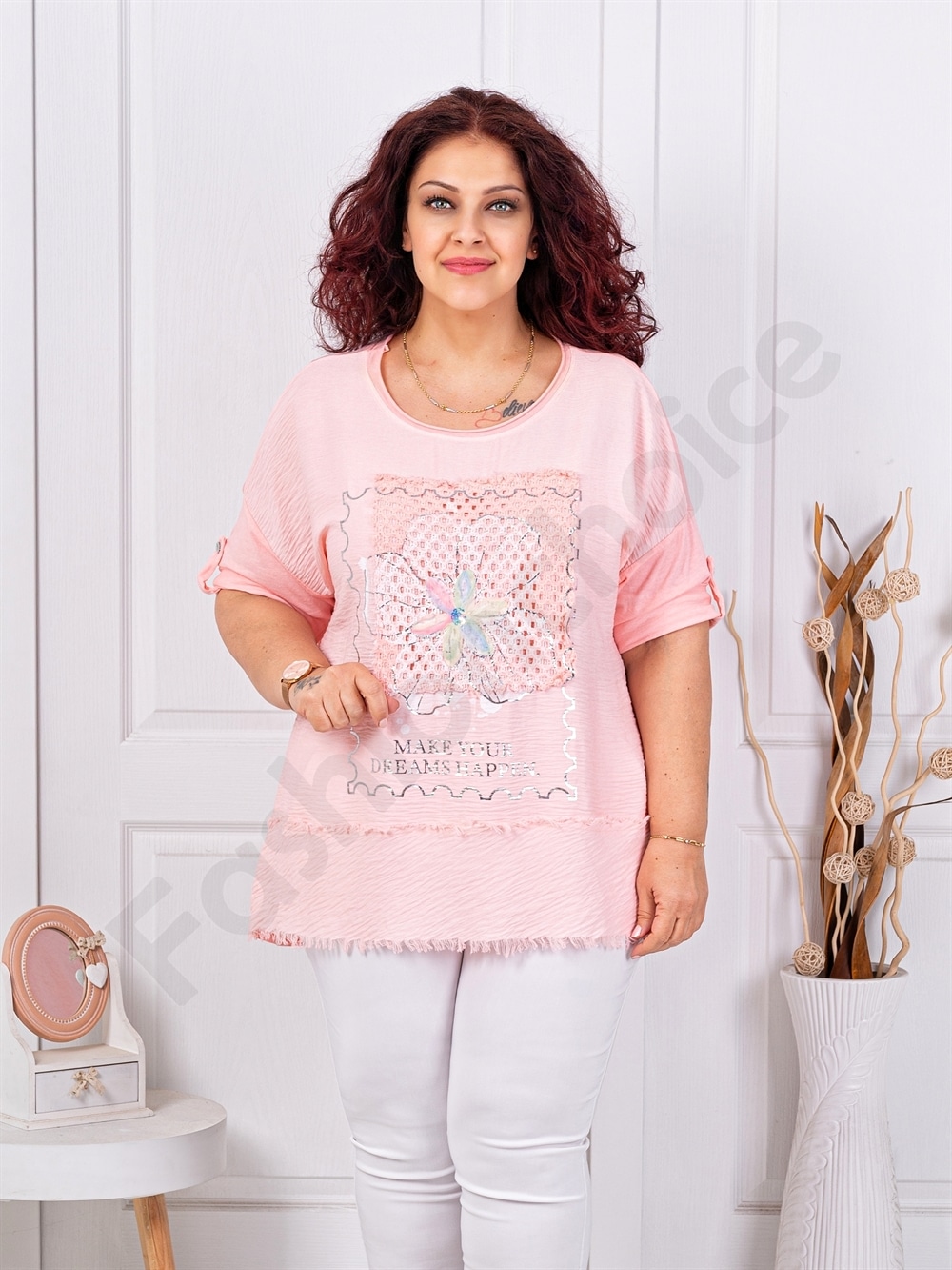 Plus size μπλούζα με απλικέ-ροζ-κωδ 3995-6