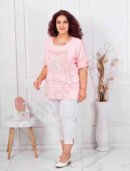 Plus size μπλούζα με απλικέ-ροζ-κωδ 3995-6