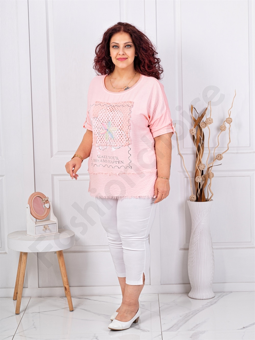 Plus size μπλούζα με απλικέ-ροζ-κωδ 3995-6