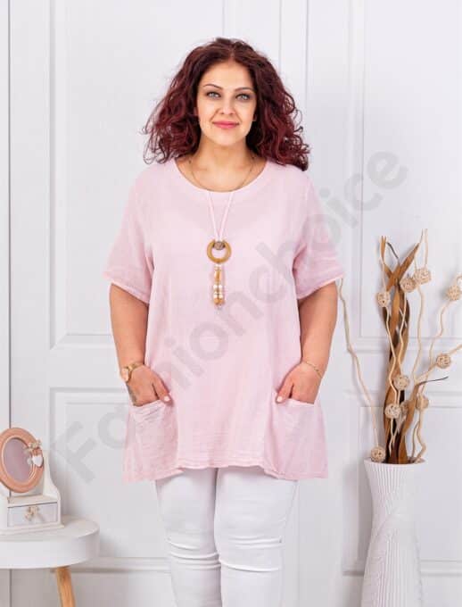 Plus size βαμβακερή/λινή μπλούζα με κολιέ-ροζ-κωδ 7753-5