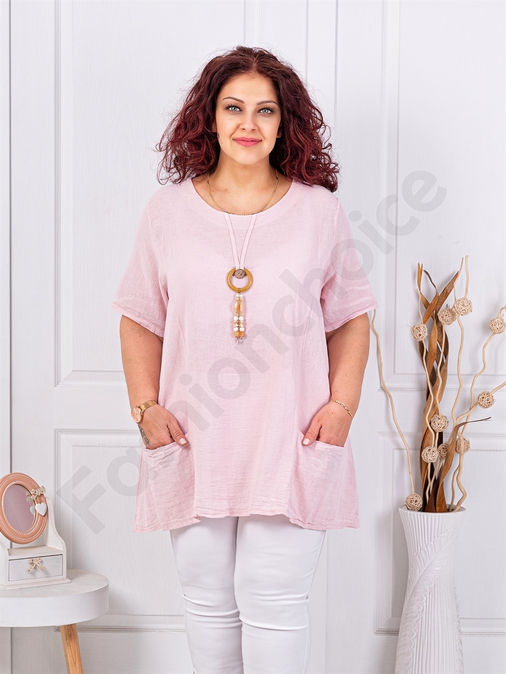Plus size βαμβακερή/λινή μπλούζα με κολιέ-ροζ-κωδ 7753-5