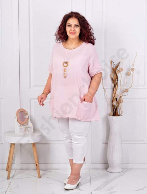 Plus size βαμβακερή/λινή μπλούζα με κολιέ-ροζ-κωδ 7753-5