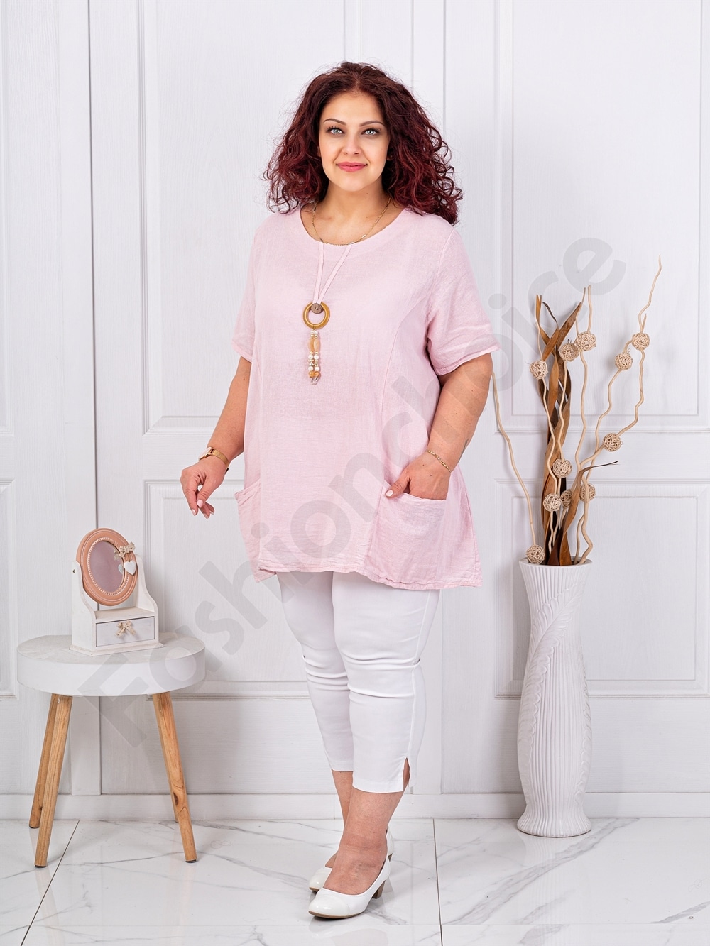 Plus size βαμβακερή/λινή μπλούζα με κολιέ-ροζ-κωδ 7753-5